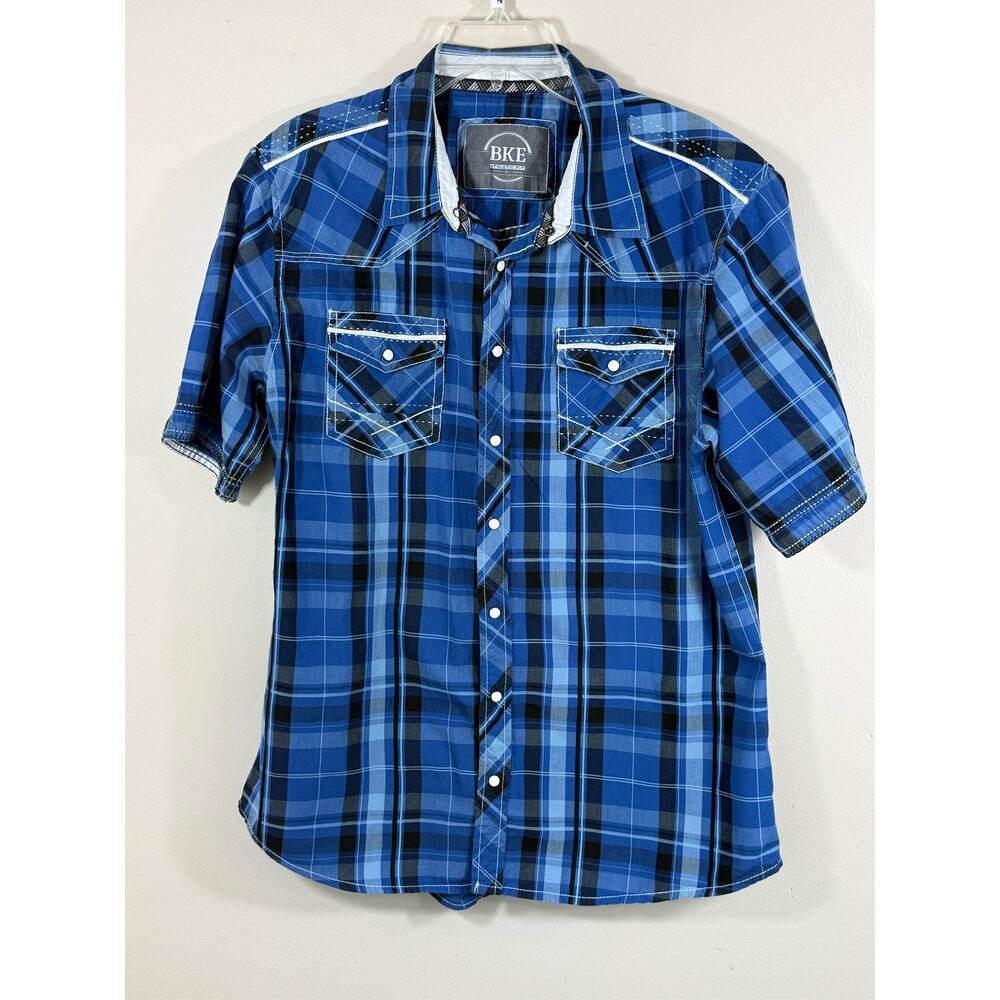 BKE Men's Large Shirt Athletic Fit Blue Western Pearl Snap Plaid Short Sleeve